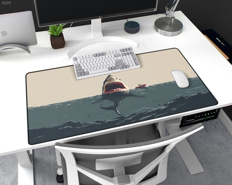 Deep Blue Danger Desk Mat Giant Shark Attack, Minimalist, Large Gaming Mousepad, Cinematic Thriller, Movie Themed Office Decor image 7