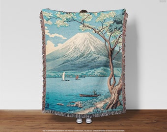 Mount Fuji From Lake Yamanaka Woven Blanket • Blue Water, Serene, Traditional Japanese Art, Wall Tapestry, Bedroom Throw Blanket