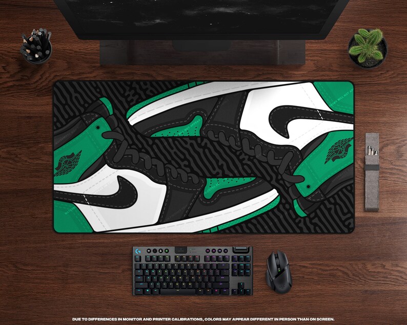 Retro Ones Gaming Desk Mat Hypebeast Sneaker Decor, XL MousePad, Large Gaming Mousepad, Mousepad XXL, Extra Large Desk Pad, Sneakerhead Pine Green