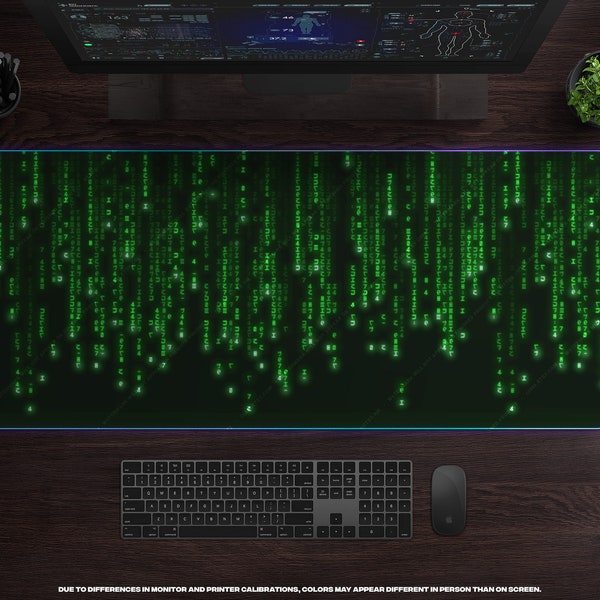 Ziehen Sie LED XL Gaming-Mauspad • Hintergrundbeleuchtung RBG Mousepad, große Gamer-Schreibtischmatte, fallender Matrix-Code, Filmthema-Dekor, Sci-Fi-Filmliebhaber