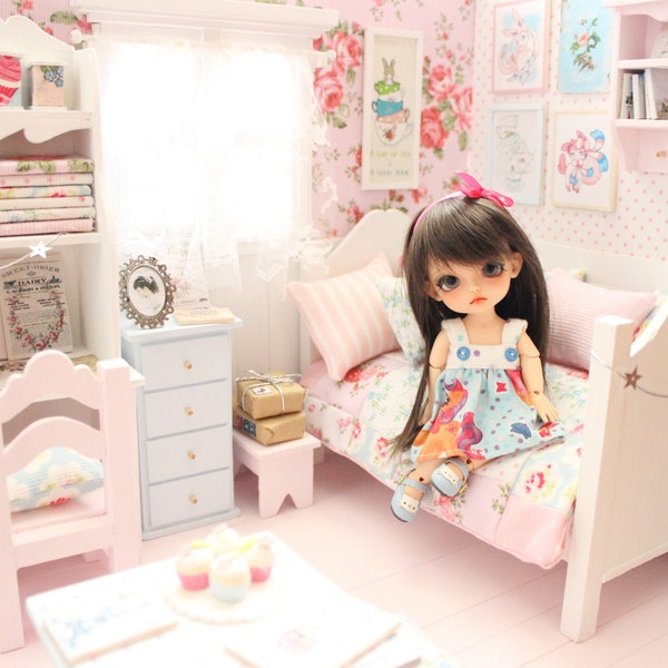 Doll Bedroom Diorama-"Bunnies Red Roses" OOAK Lati/Pukifee/Middie Blythe/Odecco/Nikki/MonsterHigh/Licca/Enyo