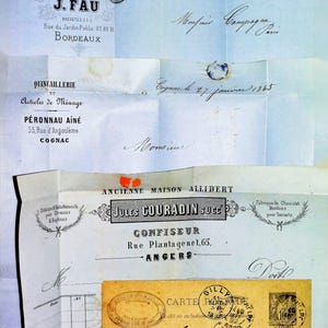 Hermosos sobres vintage con manuscritos de billetes antiguos. siglo XIX. Hermosa caligrafía. 4 piezas incluidas. manuscrito francés antiguo