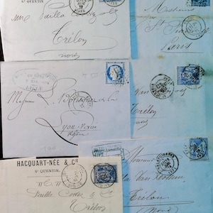 Conjunto de 6 sobres muy antiguos de Francia - Efemérides del siglo XIX - Libro de recortes - PARÍS - formato pequeño - Cartas antiguas -manuscritos