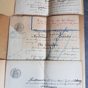Conjunto de 3 documentos legais manuscritos franceses antigos datados de 1892. Ephemera Junk Journal Paper Vintage Stamps Letters .empire.
