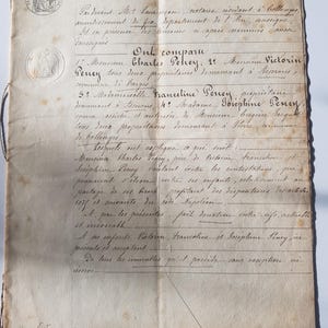 Documentos franceses Papéis de 1866 Papéis legais antigos com selos, escrita fina e elegante, papel efêmero da França, histórico