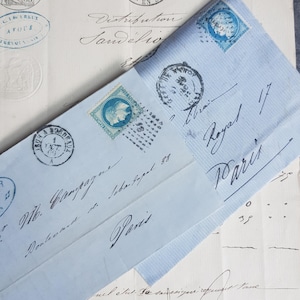 Conjuntos de 3 documentos antiguos de Francia - Efemérides del siglo XIX - Reserva de chatarra de París - Cartas antiguas - amor por la ciudad - imperio Francia