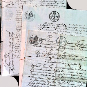 Documentos franceses, documentos legales antiguos del siglo XIX con sellos, escritura fina y elegante, papel efímero de Francia, histórico, 4 páginas