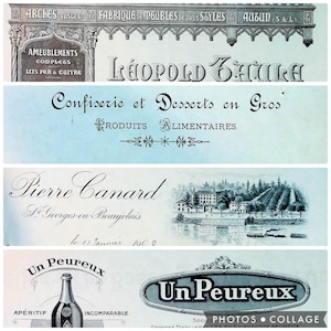 May include: A collage of vintage French advertisements and labels featuring black text on light blue and white backgrounds. The graphics include architectural details, a landscape illustration of a building by a river, and a bottle of Un Peureux aperitif.
