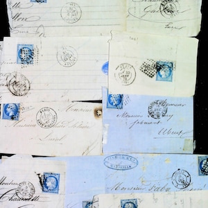 Lote de 10 fragmentos de cartas con sello de Napoleón y ceres azul de finales del siglo XIX / papel francés antiguo ideal para creación