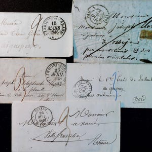 Hermosos sobres vintage con viejos manuscritos de notas. Siglo XIX. Hermosa caligrafía. 5 piezas incluidas. manuscrito francés antiguo