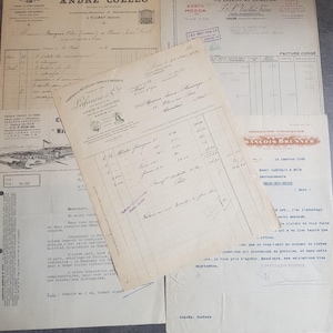 Conjunto de 5 facturas comerciales ilustradas muy antiguas de principios de 1900 de Francia Ephemera - Reserva de chatarra - Antigüedades - Manuscritos franceses