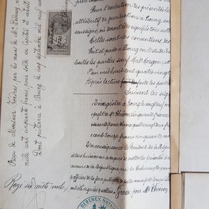 Conjunto de 3 documentos legais manuscritos franceses antigos datados de 1891. Ephemera Junk Journal Paper Vintage Stamps Letters .empire.