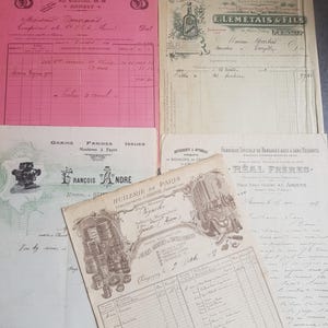 Conjunto de 5 facturas comerciales ilustradas muy antiguas de principios de 1900 de Francia Ephemera - Reserva de chatarra - Antigüedades - Manuscritos franceses