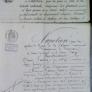 Documentos franceses Papeles de 1800 Documentos legales antiguos con sellos, escritura fina y elegante, papel efímero de Francia, histórico