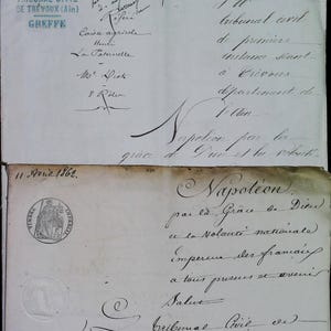 Documentos franceses Papeles de 1800 Documentos legales antiguos con sellos, escritura fina y elegante, papel efímero de Francia, histórico