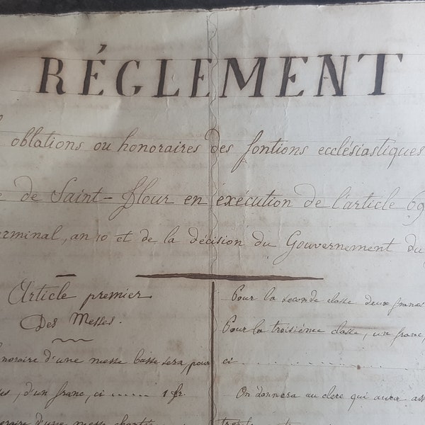 document ancien rare de l église catholique française sur le règlement du diocèse,  la tarification des actes mariages , baptêmes , vintage
