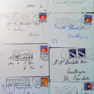 Conjuntos de 8 cartas pequeñas de Francia - Efemérides de los años 60 - Reserva de chatarra - Antiguo - Francés - Cartas antiguas - manuscritos
