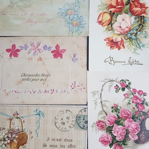 5 Cartes postales vintage Français  thèmes fleurs ,scrap booking - éphémère - carte antique -bonnes fêtes objet de collection - minable