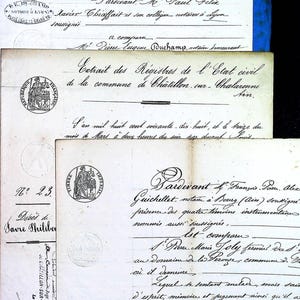 Documentos franceses, papéis do século XIX, papéis legais antigos com selos, escrita fina e elegante, papel efêmero da França, histórico