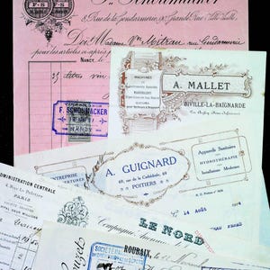 Conjunto de 4 facturas comerciales ilustradas muy antiguas de principios de 1900 de Francia Ephemera - Reserva de chatarra - Antigüedades - Manuscritos franceses