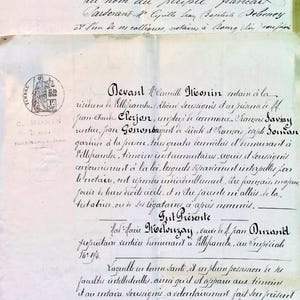 Documentos franceses, documentos legales antiguos del siglo XIX con sellos, escritura fina y elegante, efímera de la Francia histórica, 7 páginas con marca de agua