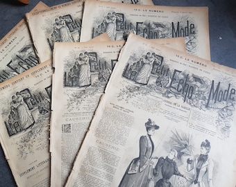 May include: Several antique French fashion magazines, titled "Le Petit Echo de la Mode." The covers display detailed illustrations of women in period attire. The magazines have a sepia-toned, aged appearance.