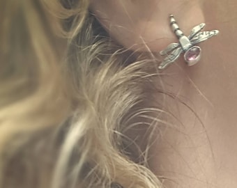 Oorknopjes, libeloorbellen met edelstenen, insectenoorbellen, sterlingzilveren libelle-oorbellen, geboortesteen oktober, toermalijnlibel