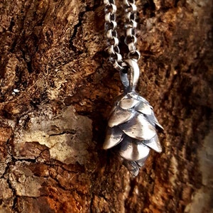 May include: A silver necklace with a pine cone pendant. The necklace is on a rustic wooden background.