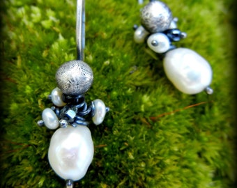 Pearl Earrings, White Pearl Earrings, Sterling and Pearl Pebble Earrings, Pearl Cluster Earring, Freshwater Pearl Drops, June Birthstone