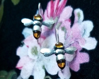 Citrine Earrings, Honeybee Earrings, Citrine Bee Earrings, November Birthstone Earrings, Apis mellifera, Sterling and Citrine Bee Earrings