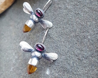 Bee Earrings, Honey bee Earrings, Gemstone Bees, Apis mellifera, Tourmaline Honey Bee Earring, Citrine Bee Earrings, October Birthstone