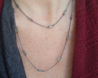 Double Strand Beaded Labradorite Necklace, Two Strand Labradorite Necklace, Rectangular Labradorite Layered, Layered Labradorite Necklace