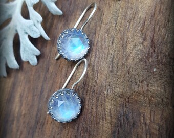 Rosecut Moonstone Sterling Earring, Faceted Rainbow Moonstone Drop Earrings, Queen Margot Earrings, Iridescent BlueFlash Moonstone Drops