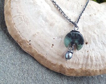 Green African Turquoise Necklace, Forest Moss Crescent Necklace, NE Forest Necklace,Modern Primitive Crescents, Grey Pearl Drop, Grey Green