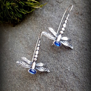 Sterling Dragonfly Earrings, Choice of Cabochon, Opal Dragonflies, Sterling Dragonfly, EarWire Dragonflies, Opal Earrings, Gift for Gardener Blue Kyanite