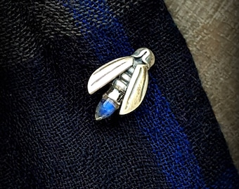 Sterling Firefly TieTack, Firefly Lapel Pin, Silver Moonstone TieTack, Father's Day Gift, Groomsmen Gift, Firefly Stud Pin, Gemstone TieTack