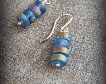 Beach Glass Earrings, Iridescent Blue Frosted Glass Beads, Sterling Beach Glass, Stacked Spheres of Glass, Ocean Earrings,Summer Earrings