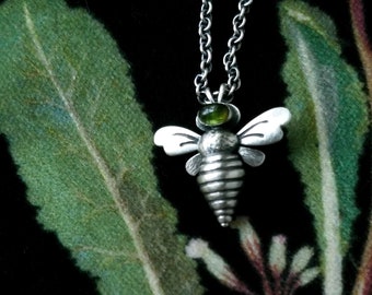 Bee Necklace, Silver Queen Bee Pendant, Sterling Queen Bee Amulet, Gemstone Bee, Insect Jewelry, Bee Pendant, Bee Charm Necklace
