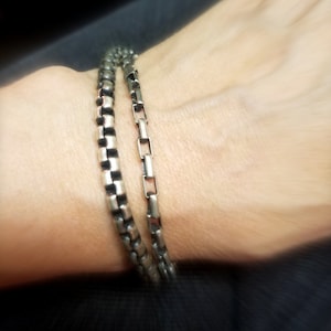 Men&#39;s Elongated Box Chain Bracelet, 4mm Chain Bracelet, Antiqued Sterling Silver Bracelet, Rectangular Chain Bracelet, Sterling Box Chain