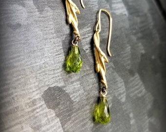 14k Gold Budding Branch Earrings,  Peridot Briolette Drops, Branch Earrings with Peridot, Peridot and Gold Earrings, Nature Earrings