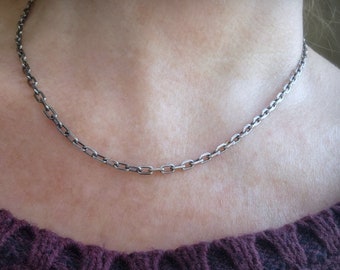 Catena ad ancora, collana a catena rettangolare in argento sterling, collana a maglie rettangolari spesse da 3 mm, collana a maglie oblunghe in argento sterling anticato, unisex