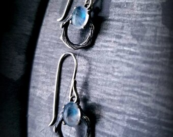 Silver Doorknocker Vine Earrings, Mooonstone Vine Earrings, SS and Moonstone Dangle Earrings, Silver Vine Earrings,