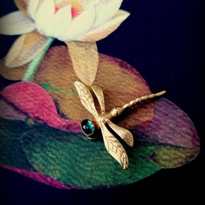 14k Gold Dragonfly Brooch, Sterling Dragonfly Brooch, Gemstone Dragonfly, Insect Brooch, Tourmaline and solid Gold Brooch