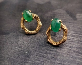 Emerald Door Knocker Vine Earrings, Solid 14k Gold Vine Earring, Emerald Cabochon Stud Earrings, 14k and Opal Post Earring, May Birthstone