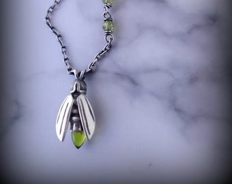 Peridot Firefly Necklace, Silver Firefly with Peridot Gem, Insect Amulet, Lightening Bug Jewelry, Firefly Charm Necklace, Firefly Necklace