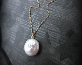 Volle maan parelketting, 14k parelketting, barokke ronde parelketting, 14k goud en parelketting, moderne gouden parelketting