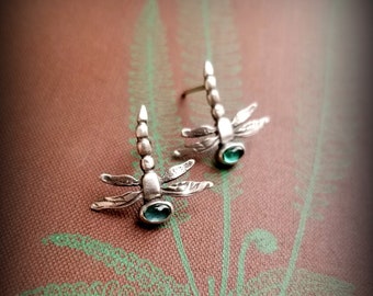 Dragonfly Earrings, Silver Dragonfly Dangle Earrings, October Birthstone, Dragonfly with Gems, Green Tourmaline Dragonflies