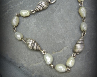 Snail Shell Bracelet, Pearl and Shell Bracelet, Antiqued Silver Bracelet, Sterling Shells and Pearls Bracelet, Sterling Marine Bracelet