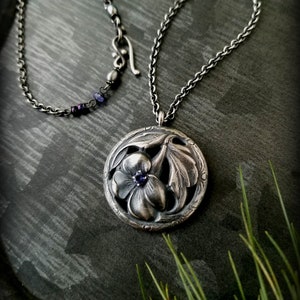 Tanzanite Floral Medallion Necklace, Faceted Tanzanite Necklace, Nicotiana Necklace, Long Antiqued Sterling Necklace, Gift for a Gardener