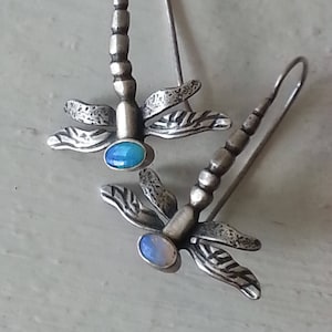 Sterling Dragonfly Earrings, Choice of Cabochon, Opal Dragonflies, Sterling Dragonfly, EarWire Dragonflies, Opal Earrings, Gift for Gardener image 4